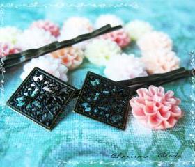 42 Filigree Bobby Pins Hair ornaments Antique Bronze, Diamond, 66x26.5x4.5mm