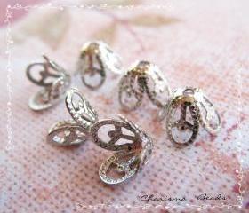 48 Brass Bead Caps, Flower, 8.5x6mm, Hole: 1mm Silver Color -Lead Free-