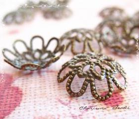48 Brass Bead Caps, Flower, Antique Bronze 17x5mm, Hole: 1mm Lead Free