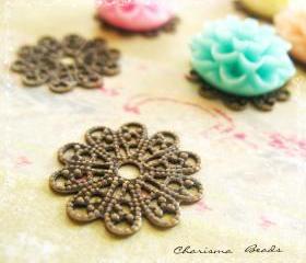  48 Brass Vintage Filigree Caps - Connectors Findings Flower, 17mm