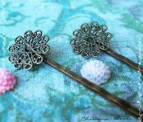36 Filigree Bobby Pins Hair ornaments Antique Bronze, Round, 16x54mm, Hole: 1mm