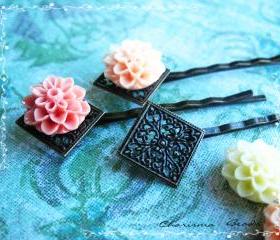 24 Filigree Bobby Pins Hair ornaments Antique Bronze, Diamond, 66x26.5x4.5mm
