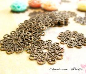 42 Brass Vintage Filigree Caps - Connectors Findings Flower, 17mm