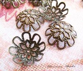 60 Brass Bead Caps, Flower, Antique Bronze 17x5mm, Hole: 1mm Lead Free