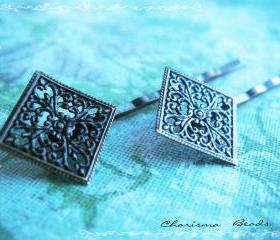 78 Filigree Bobby Pins Hair ornaments Antique Bronze, Diamond, 66x26.5x4.5mm