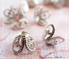 36 Brass Bead Caps, Flower, 8.5x6mm, Hole: 1mm Silver Color -Lead Free-
