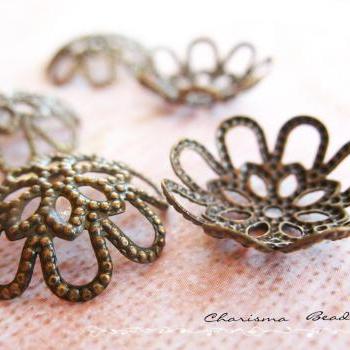  84 Brass Bead Caps, Flower, Antique Bronze 17x5mm, Hole: 1mm Lead Free